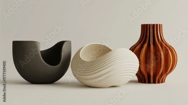 Fototapeta Three modern ceramic vases with organic shapes and textured surfaces displayed on a neutral background