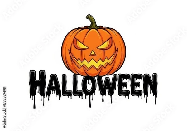 Fototapeta Spooky carved halloween pumpkin with glowing eyes and jagged teeth, isolated on white background