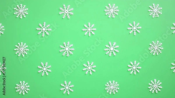 Fototapeta Winter Snowflakes Pattern on Green Background Decorative Ornament Snowflake Design Repetition Backdrop Surface Wallpaper Decoration Christmas Holiday
