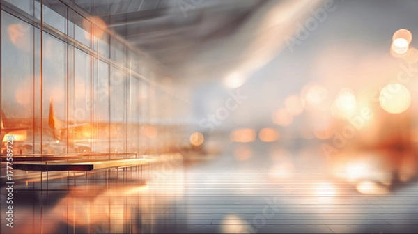 Obraz Empty open space at airport. Motion blur, warm tones, abstract defocused background. Concept image of modern business interior and travel.	