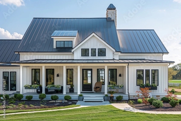 Obraz Elegant Modern Farmhouse Design with Crisp White Siding and Planters