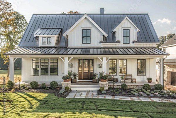 Obraz Charming Modern Farmhouse Exterior with White Board and Batten Siding