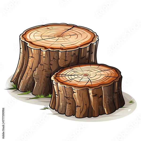 Obraz Two tree stumps on a grassy area, showcasing the natural texture and rings of the wood, perfect for nature-themed projects.