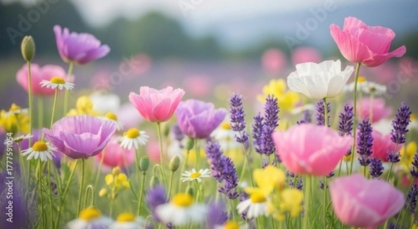 Obraz Vibrant field of wildflowers in soft sunlight