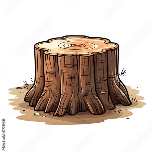 Fototapeta A detailed illustration of a tree stump, showcasing its textured surface and natural colors against the ground.