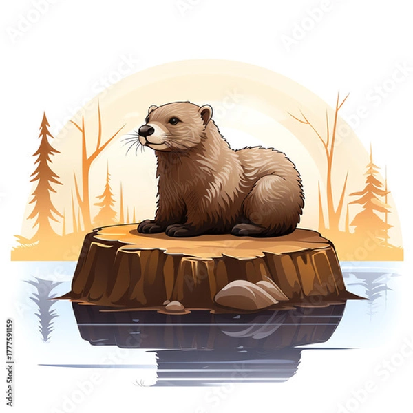 Obraz A serene scene featuring an otter resting on a log, surrounded by tranquil waters and a forest backdrop.