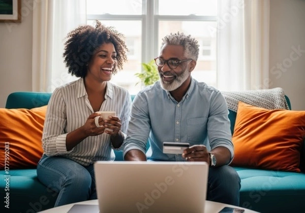 Obraz A happy, smiling african american couple in their 40s sitting on a sofa, looking at a laptop and holding a credit card, suggesting online shopping or banking