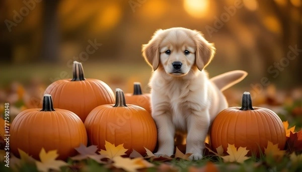 Fototapeta Adorable Labrador Puppy with Pumpkins in Autumn Park. Sweet Golden Retriever Puppy playing among pumpkins and fallen leaves. Perfect for greeting cards, festive posters, pet-themed designs. AI image