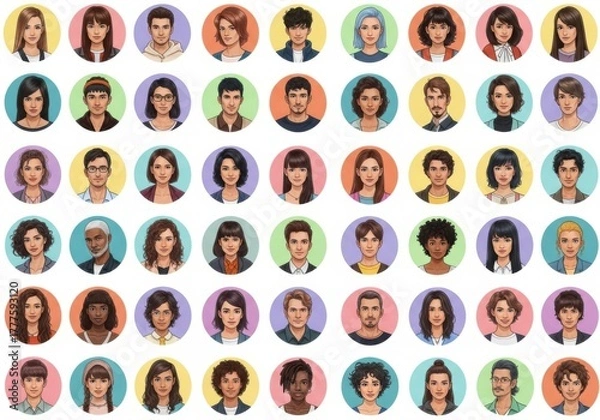 Fototapeta Diverse group of people portraits in circular frames, showcasing a variety of ethnicities, ages, and genders, isolated on white background