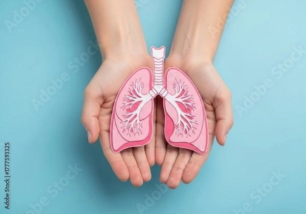 Fototapeta Hands holding a paper cutout of lungs on a blue background, symbolizing health and respiratory system awareness