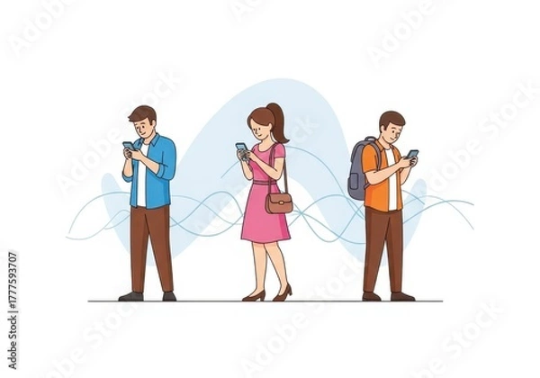 Obraz Three young adults, two men and one woman, engrossed in their smartphones, standing apart with a subtle wave pattern behind them, isolated on white background