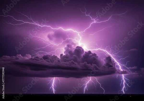 Obraz A dramatic thunderstorm illuminates the night sky with vibrant purple lightning striking through dark, ominous clouds over a silhouetted landscape