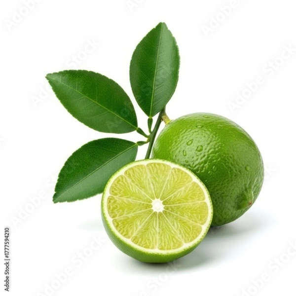 Fototapeta Fresh lime fruit with leaves, one half sliced, isolated on white background