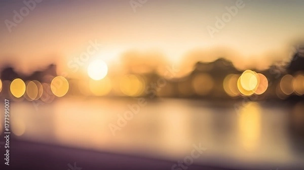 Obraz string. Golden sunset lights blending with warm string illumination, creating a dreamy coastal atmosphere. inspiring travel planning, travel magazines, designed for travel destination branding.