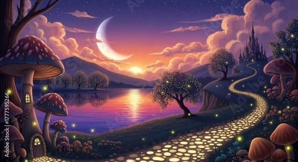 Obraz Enchanting fantasy landscape with crescent moon and glowing path