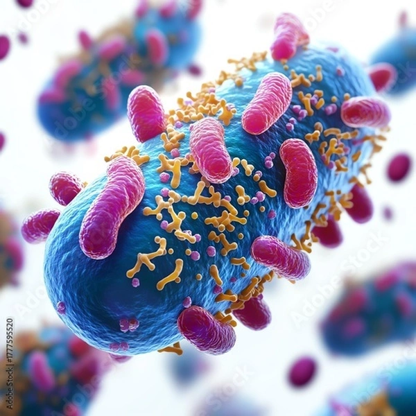 Fototapeta Detailed depiction of bacteria highlighting their unique structures and vibrant colors under a microscope.
