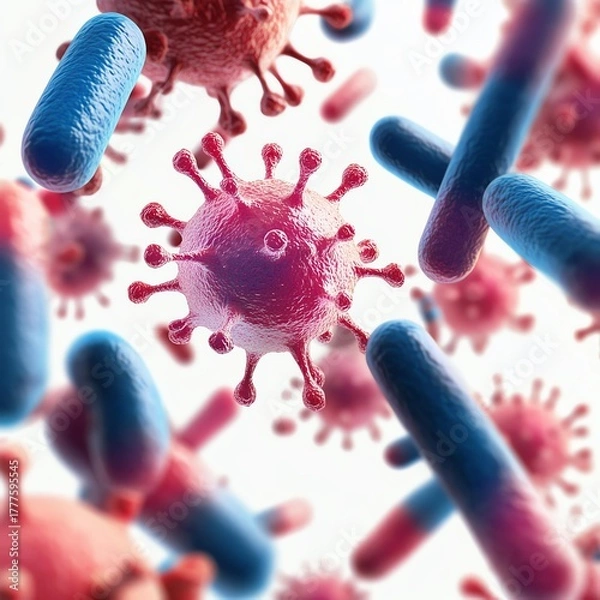 Fototapeta Close-up view of colorful bacteria and viruses under a microscope, illustrating microbial life and its complexity.