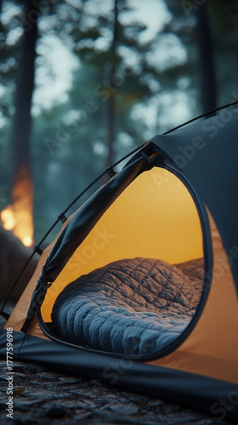 Fototapeta Cozy camping tent with a bed in forest setting at dusk  