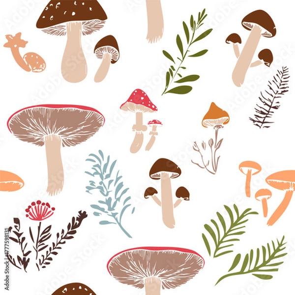 Fototapeta Seamless pattern of autumn mushrooms herbs and leaves in warm earthy tones. Vector illustration
