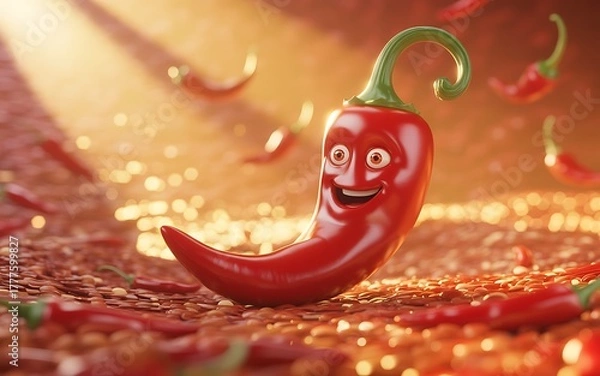 Fototapeta Happy red chili pepper with a funny face surrounded by other peppers