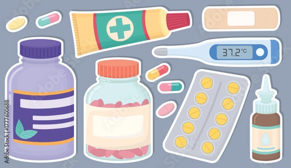 Fototapeta Set of stickers with variety of medical items and pharmaceutical products. Digital thermometer, adhesive bandage, ointment tube, eye or nasal drops, pill bottles, blister packs with tablets