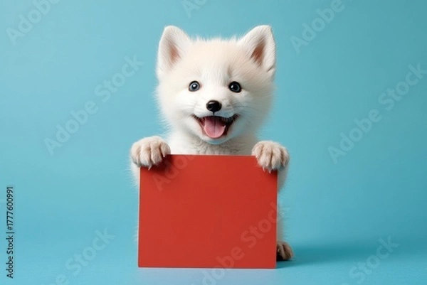 Fototapeta Isolated baby animal on a solid uniform blue background. Cute beast product pose. Wild beast in frame. Cute baby animal arctic fox hold in front paws a layout - large red zoo sign.