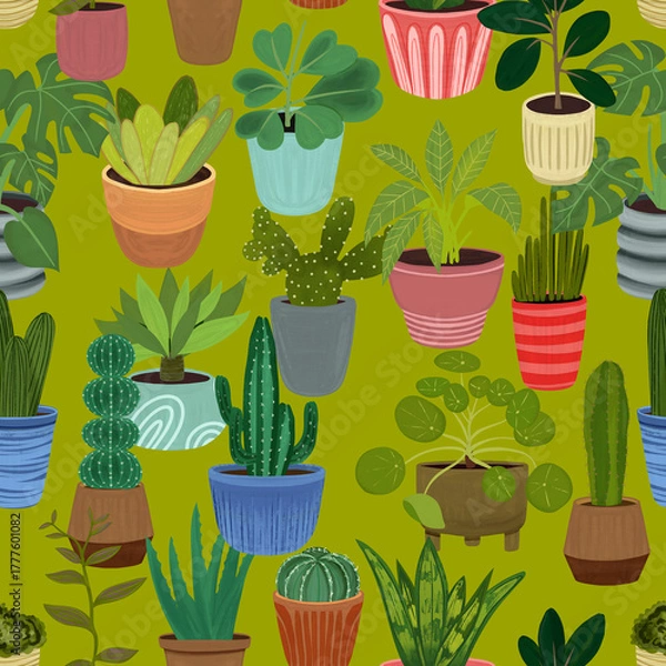 Fototapeta Seamless pattern with potted plants. Flat illustration: succulents, snake plants, monstera, and tall cacti. Perfect for home decor, wallpaper, fabric, stationery, wrapping paper, botanical designs.