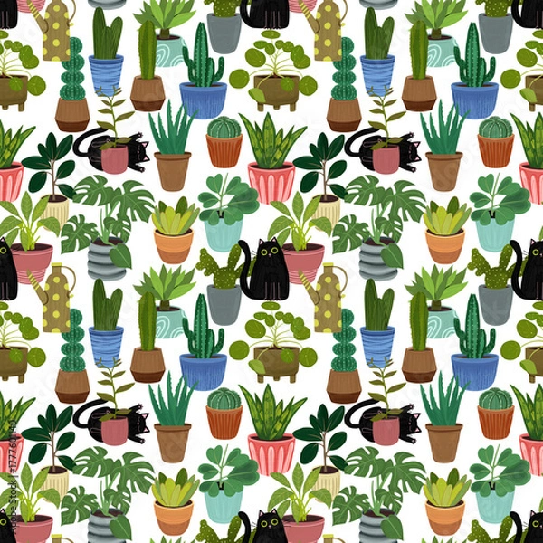 Fototapeta Seamless pattern with black cats and potted plants. Playful  illustration with various houseplants. Ideal for fabric, wallpaper, wrapping paper, stationery, home decor and fun botanical theme.