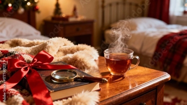Obraz 크리스마스책과따뜻한차가있는아늑한침실풍경