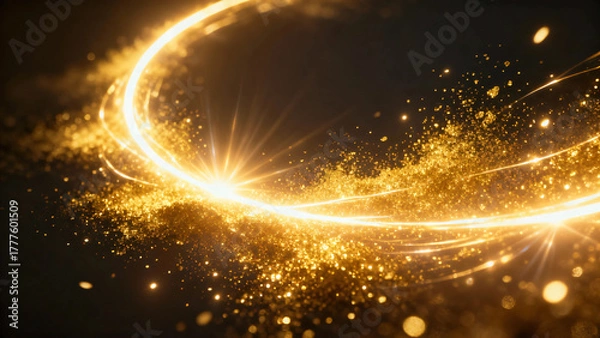 Obraz Shimmering golden light. Rays. Beams. Black background. Glitter.