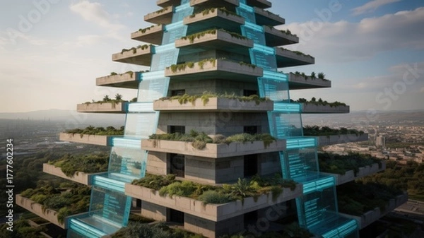 Fototapeta Futuristic eco-friendly skyscraper with cascading waterfalls and lush greenery