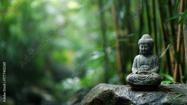 Fototapeta Serene buddha statue amidst lush bamboo grove. AI image