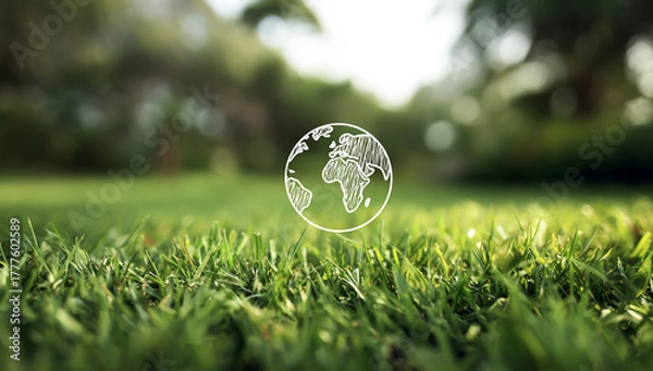 Fototapeta A glowing outline of the earth rests on lush green grass with soft sunlight