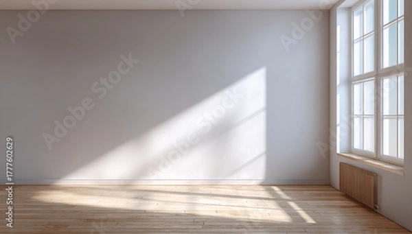 Fototapeta Empty room with white wall, wooden floor, and large window with sunlight casting shadows