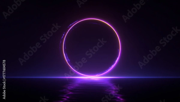 Fototapeta A glowing purple ring with particles on a dark reflective surface