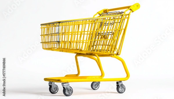 Fototapeta A bright yellow shopping cart isolated on a white background