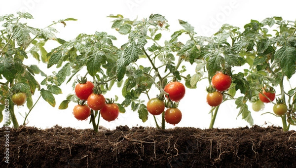 Obraz Rows of ripe red tomatoes growing in rich soil, isolated on white background