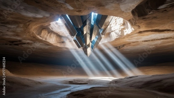 Fototapeta Sunbeams illuminate a hidden cavern with towering crystal formations, creating a mystical and awe-inspiring atmosphere.
