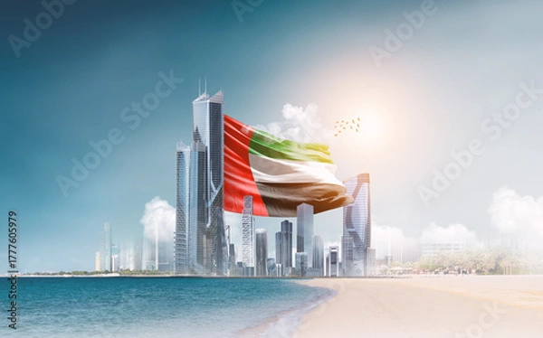 Fototapeta United Arab Emirates flag waving behind modern skyline. UAE national flag for independence day.