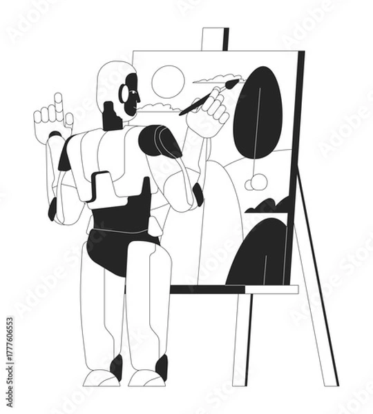 Obraz Artificial intelligence painting landscape 2D line character. AI robot painter creating generative artwork on easel isolated vector ink outline personage. Monochromatic spot illustration