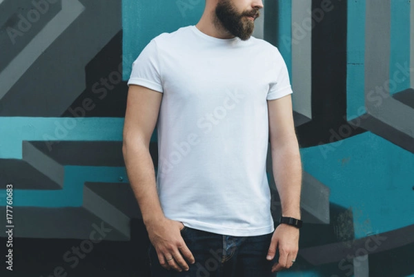 Fototapeta Summer day. Front view. Young bearded hipster man dressed in white t-shirt is stands against wall with graffiti. Mock up. Space for logo, text, image.