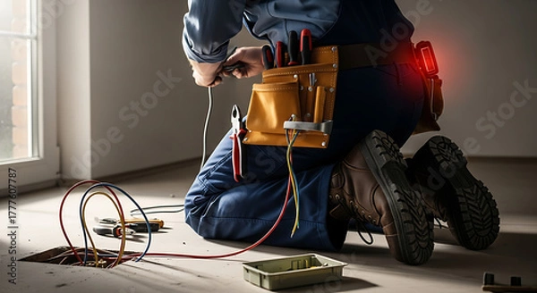 Obraz Professional electrician installing electrical wiring on a floor, connecting cables with tools on a construction site.