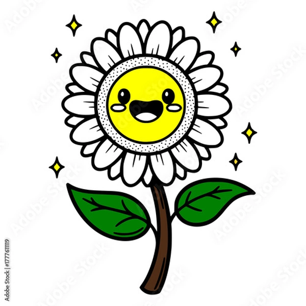 Fototapeta An adorable cartoon daisy character with a happy smiling face crying tears of joy. Cute kawaii flower illustration with sparkles isolated on a white background