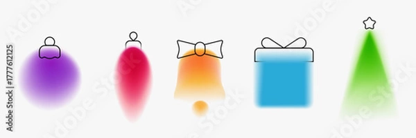 Obraz Christmas tree, bell, gift box, glass toys. Holiday elements in minimalistic blurred or gradient style. Festive decoration for branding banner, card, poster. Vector illustration.