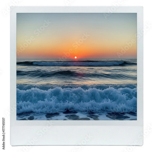Fototapeta Ocean wave at sunset in polaroid frame isolated on transparent background for vacation