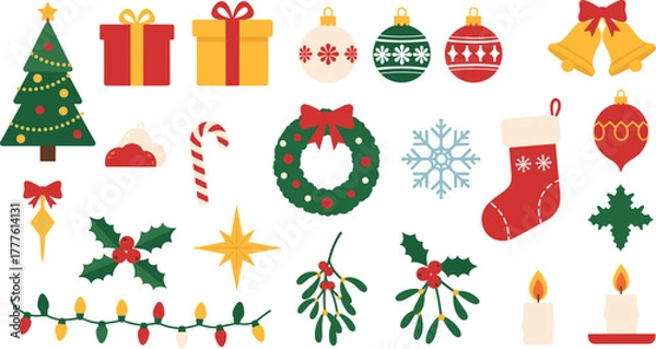 Obraz Festive christmas collection featuring ornaments gifts tree lights snowflakes and stockings