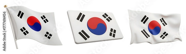 Obraz South Korea flag waving in three different angles realistic 3D render on transparent background