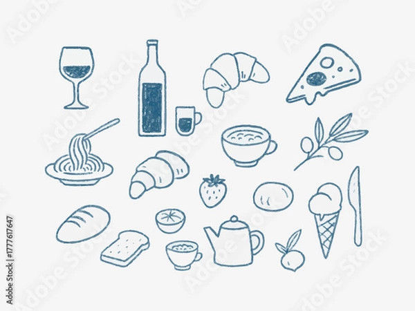 Fototapeta Cute hand-drawn breakfast doodle set featuring coffee, eggs, bread, fruits, juice, pizza, Spaghetti, noodles and kitchen items in minimal sketch and crayon style for cafe, menu, and food design.