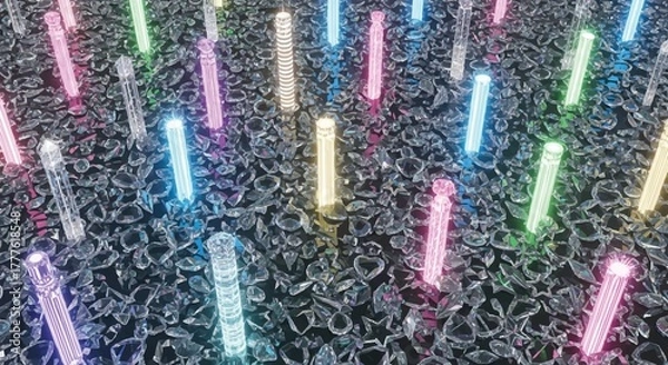 Fototapeta Glowing neon lines on cracked surface art 