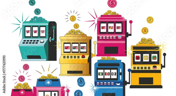 Fototapeta Exciting Slot Machine Action, Casino Games, Vibrant Colorful Environment, Digital Illustration, Fun Concept